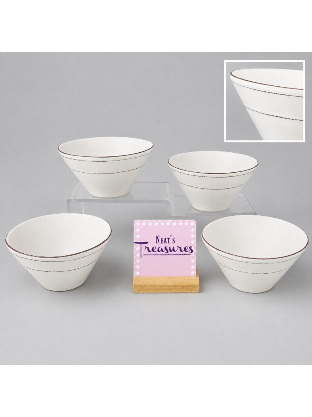 Citrus Grove CONICAL FREEFORM Beige Brown Touch Stoneware Soup Cereal Bowl Set 4